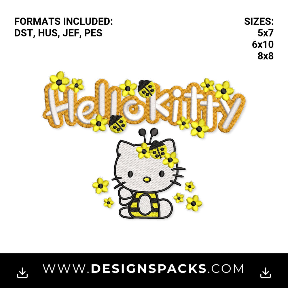 Hello Kitty Bumblebee & Flowers Embroidery Design - Instant digital download pattern at Designspacks.com