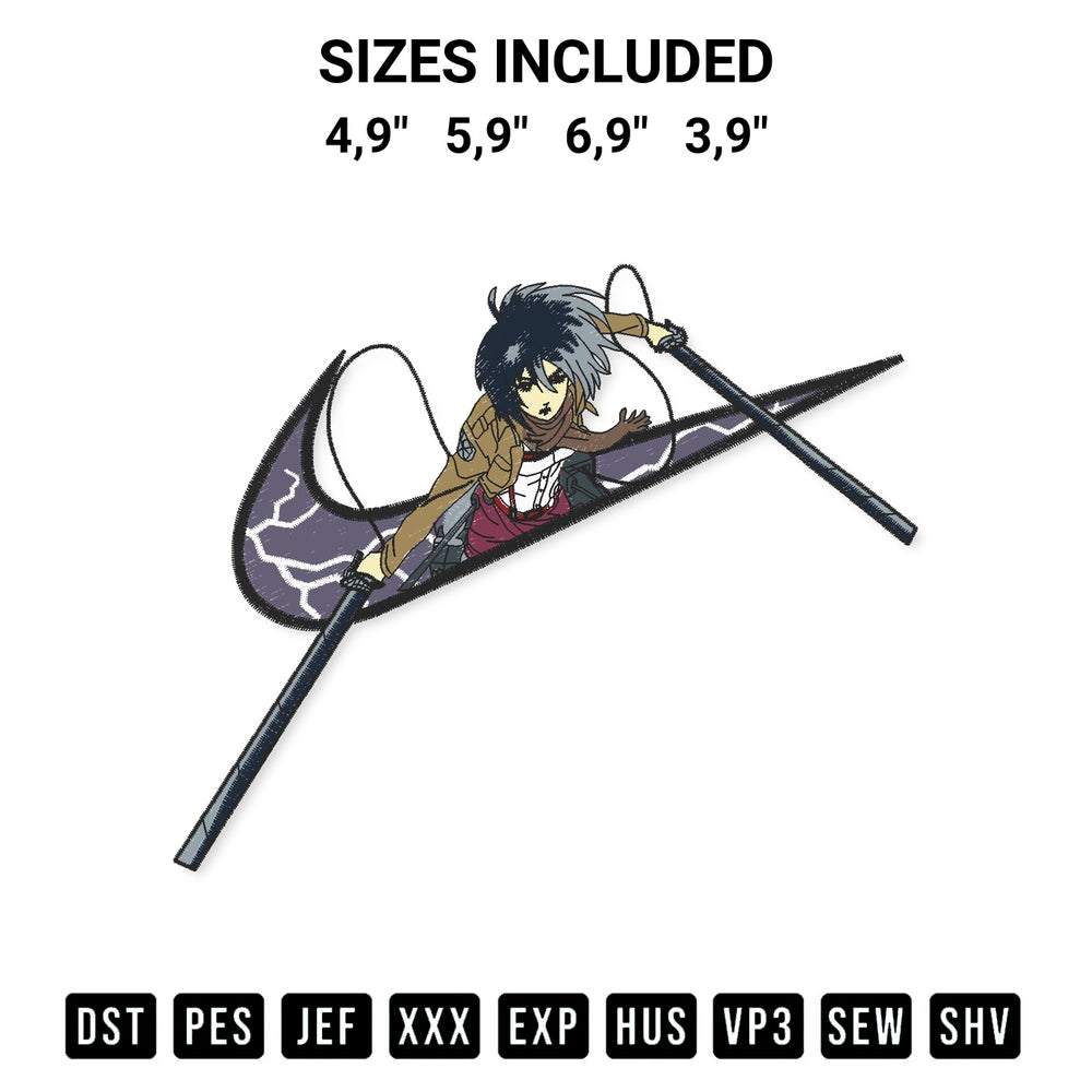 Stitch like a pro with the Mikasa Ackerman From Attack On Titan Logo Embroidery Design embroidery pattern from Designspacks.com. High-quality digital machine embroidery file. Available sizes: 4,9", 5,9", 6,9", 3,9".