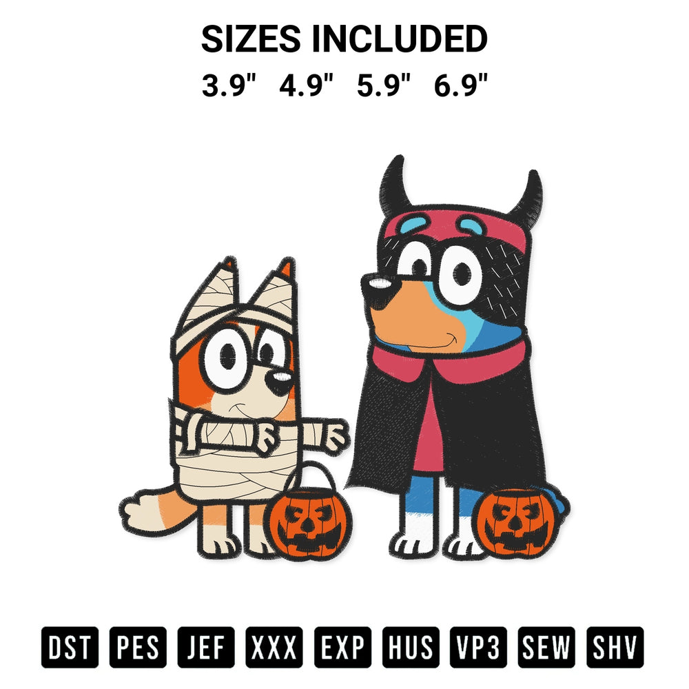 Transform your fabrics with the Bluey And Bingo Horror Vampire Embroidery Design embroidery design. Instant access to premium digitized patterns at Designspacks.com. Available sizes: 3.9", 4.9", 5.9", 6.9".