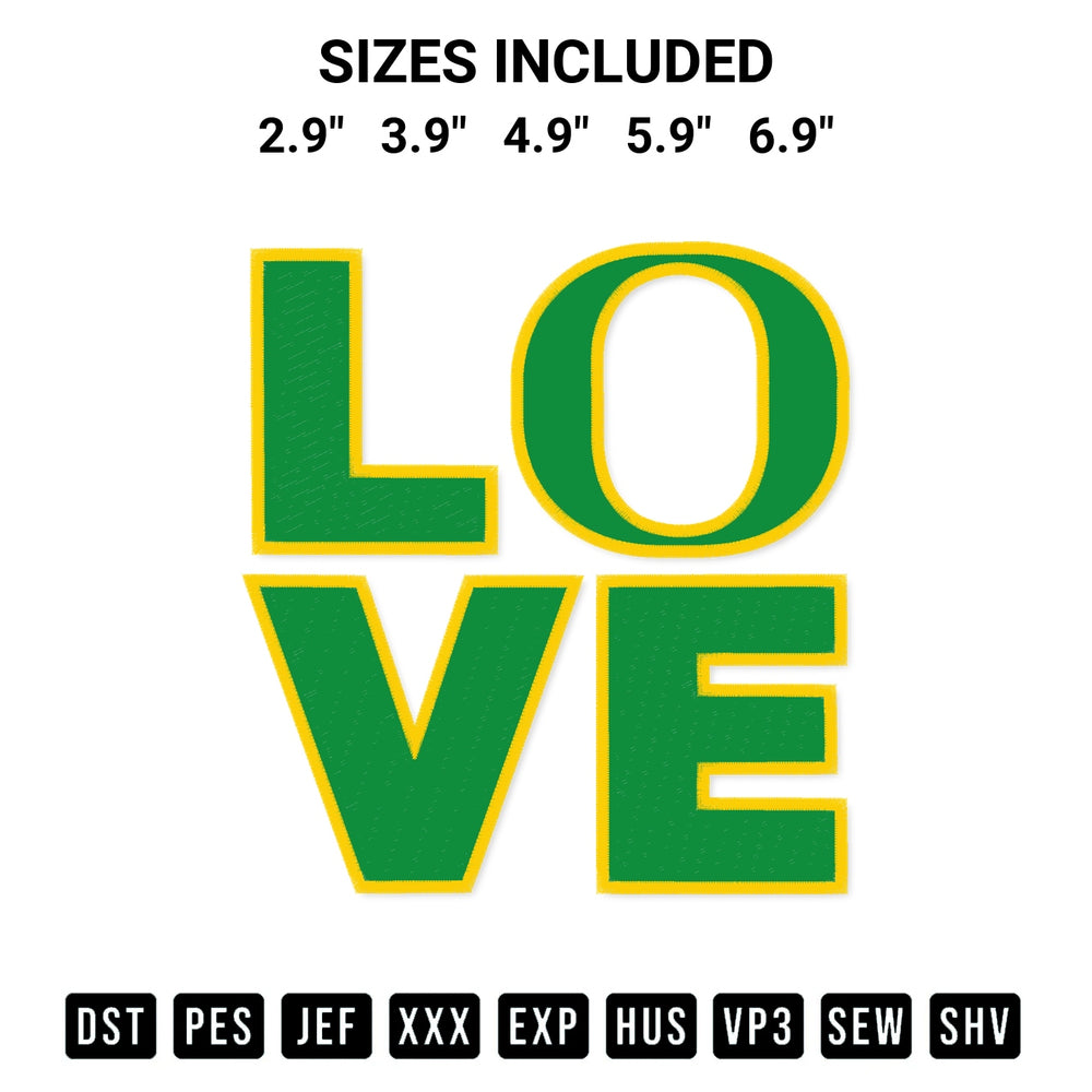 Stitch like a pro with the Love Oregon Ducks Embroidery Design embroidery pattern from Designspacks.com. High-quality digital machine embroidery file. Available sizes: 2.9", 3.9", 4.9", 5.9", 6.9".