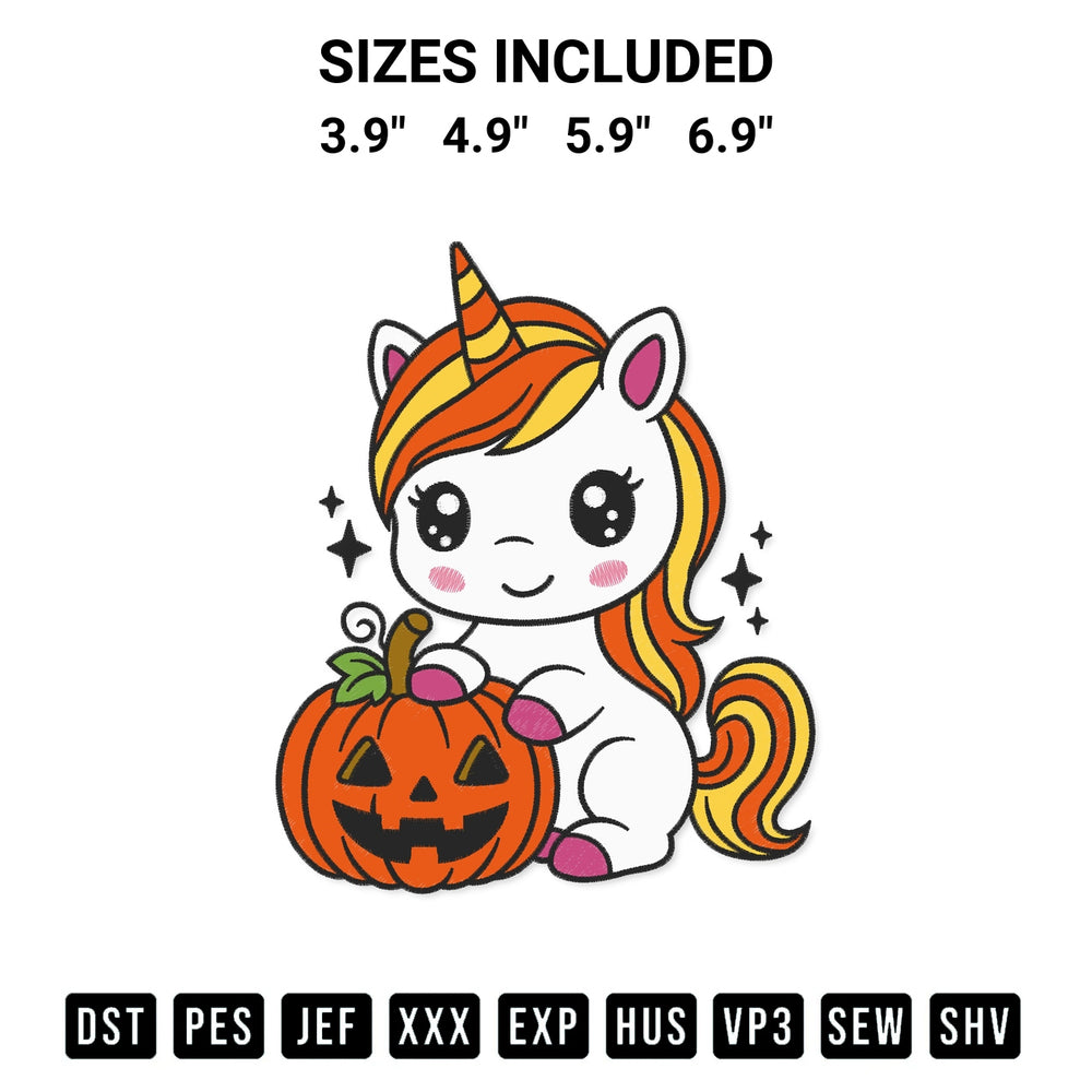 Get the Unicorn With Pumpkin Embroidery Design embroidery design for your custom crafts! Premium digitized files available for instant download at Designspacks.com. Available sizes: 3.9", 4.9", 5.9", 6.9".