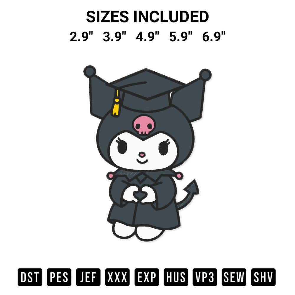 Stitch like a pro with the Graduation Kuromi Heart Hand Embroidery Design embroidery pattern from Designspacks.com. High-quality digital machine embroidery file. Available sizes: 2.9", 3.9", 4.9", 5.9", 6.9".