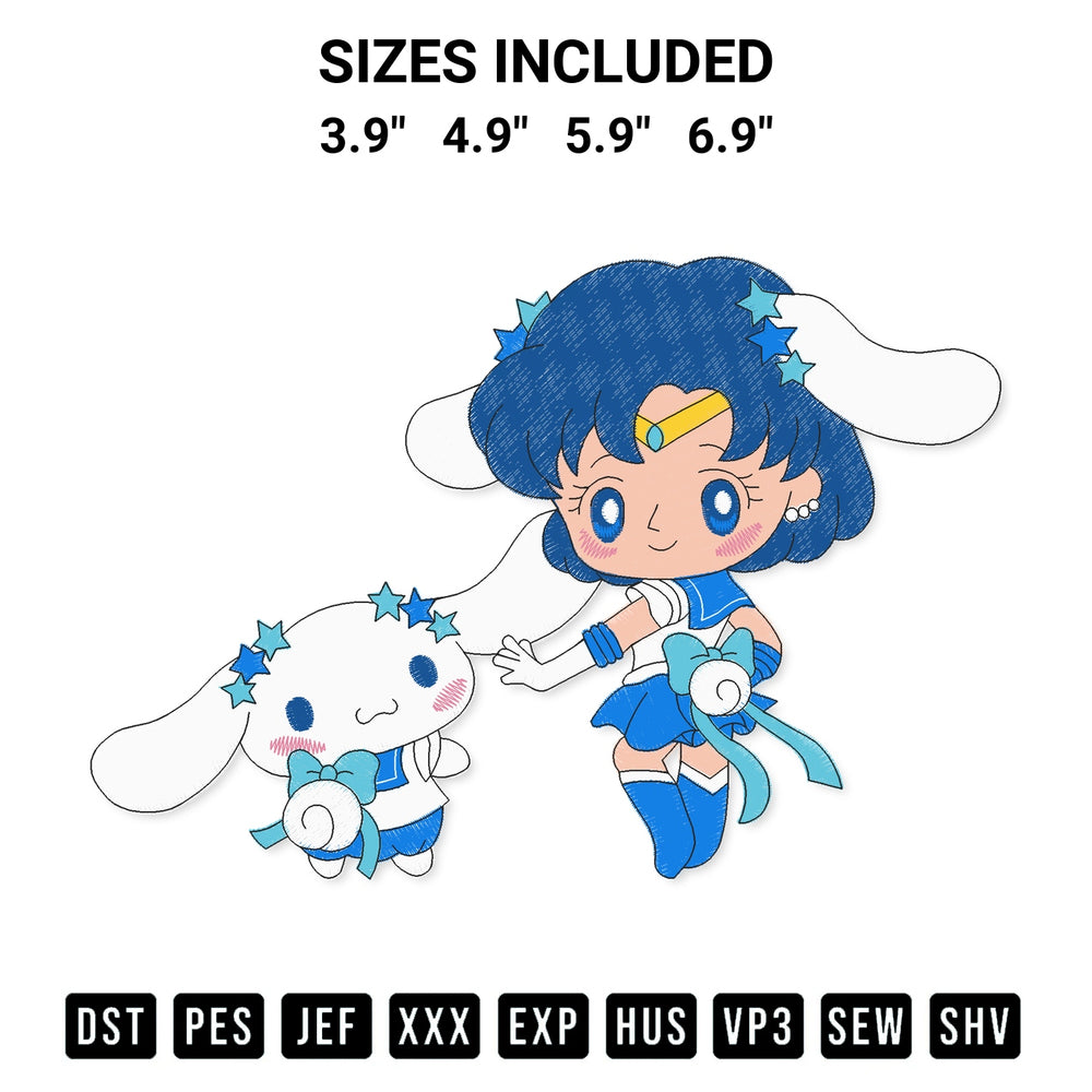 Stitch like a pro with the Sailor Mercury With Cinnamoroll Embroidery Design embroidery pattern from Designspacks.com. High-quality digital machine embroidery file. Available sizes: 3.9", 4.9", 5.9", 6.9".