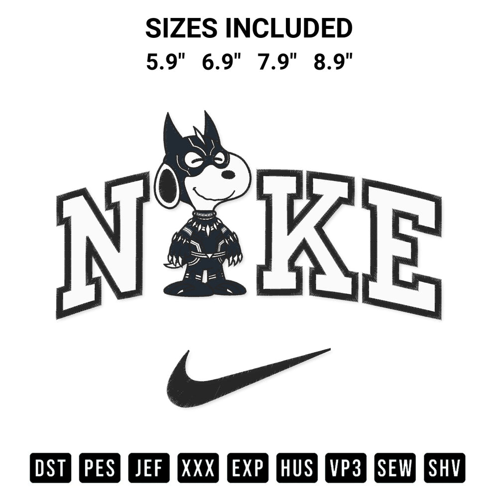 Transform your fabrics with the Snoopy Black Panther X Nike Embroidery Design embroidery design. Instant access to premium digitized patterns at Designspacks.com. Available sizes: 5.9", 6.9", 7.9", 8.9".