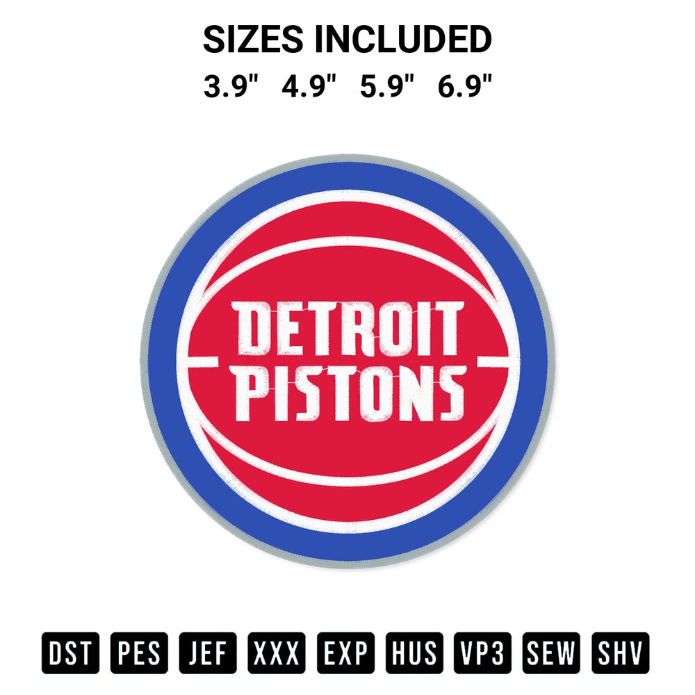 Get the Detroit Pistons Logo Embroidery Design embroidery design for your custom crafts! Premium digitized files available for instant download at Designspacks.com. Available sizes: 3.9", 4.9", 5.9", 6.9".