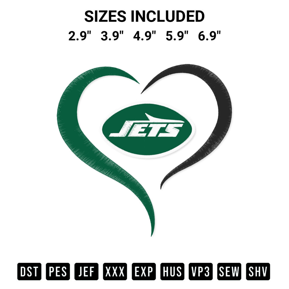 Stitch like a pro with the New York Jets Heart Embroidery Design embroidery pattern from Designspacks.com. High-quality digital machine embroidery file. Available sizes: 2.9", 3.9", 4.9", 5.9", 6.9".