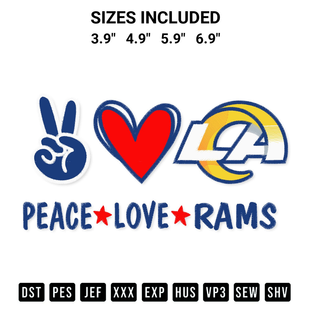 Download the Peace Love Los Angeles Rams Embroidery Design machine embroidery design exclusively at Designspacks.com. Premium digitized pattern for apparel and DIY crafts. Available sizes: 3.9", 4.9", 5.9", 6.9".