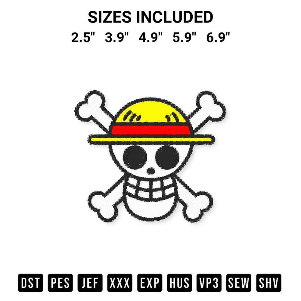 Shop the Luffy Jolly Roger Embroidery Design machine embroidery pattern at Designspacks.com. Beautifully digitized for flawless stitching on any fabric. Available sizes: 2.5", 3.9", 4.9", 5.9", 6.9".