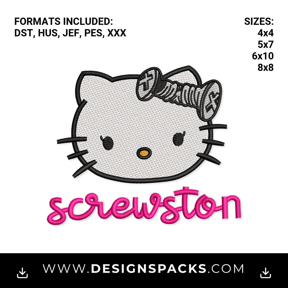 Screwston Kitty with Screw Bow Embroidery Design - Instant digital download pattern at Designspacks.com