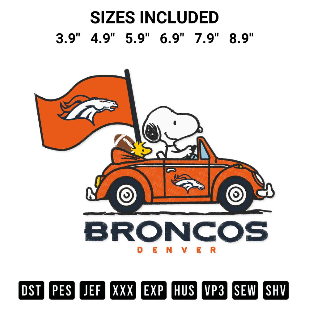 Get the Snoopy And Woodstock Driving Car Denver Broncos Embroidery Design embroidery design for your custom crafts! Premium digitized files available for instant download at Designspacks.com. Available sizes: 3.9", 4.9", 5.9", 6.9", 7.9", 8.9".