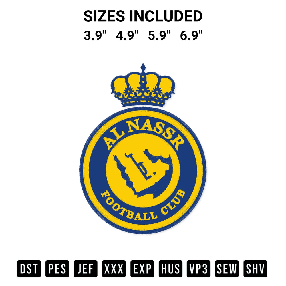 Get the Fc Al Nassr Logo Embroidery Design embroidery design for your custom crafts! Premium digitized files available for instant download at Designspacks.com. Available sizes: 3.9", 4.9", 5.9", 6.9".