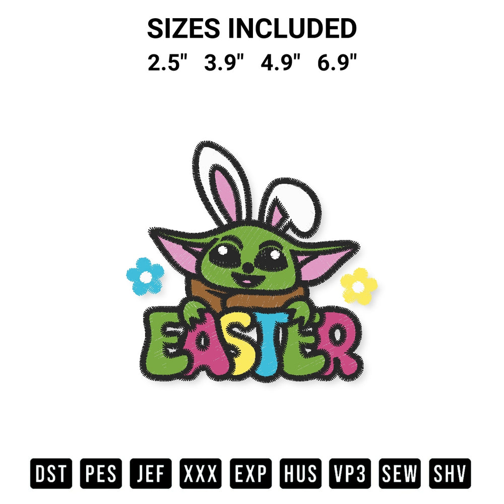 Shop the Baby Yoda Easter Bunny Embroidery Design machine embroidery pattern at Designspacks.com. Beautifully digitized for flawless stitching on any fabric. Available sizes: 2.5", 3.9", 4.9", 6.9".