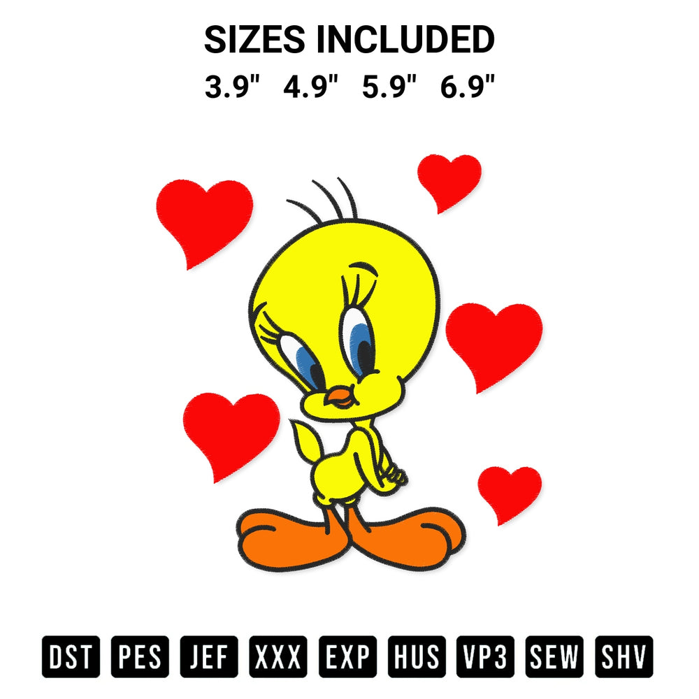 Download the Tweety Bird With Hearts Embroidery Design machine embroidery design exclusively at Designspacks.com. Premium digitized pattern for apparel and DIY crafts. Available sizes: 3.9", 4.9", 5.9", 6.9".