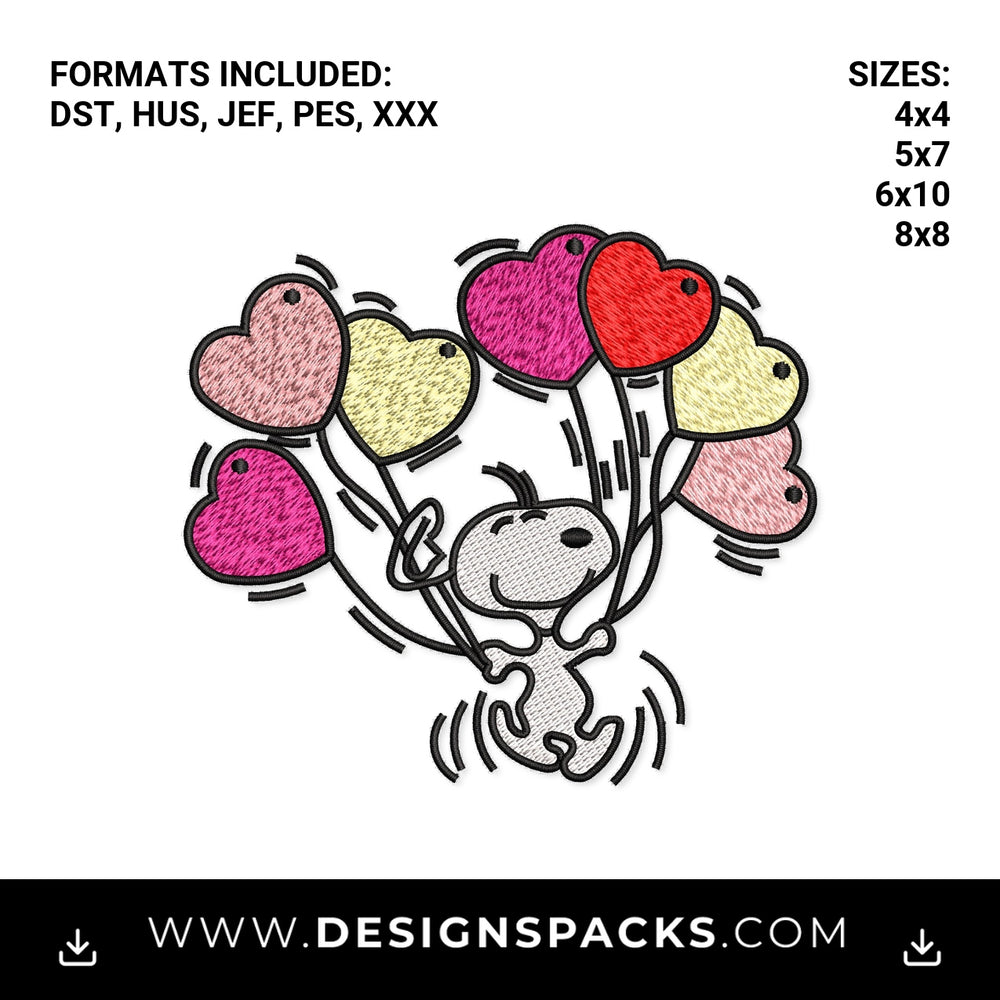 Snoopy Floating with Heart Balloons Embroidery Design - Instant digital download pattern at Designspacks.com