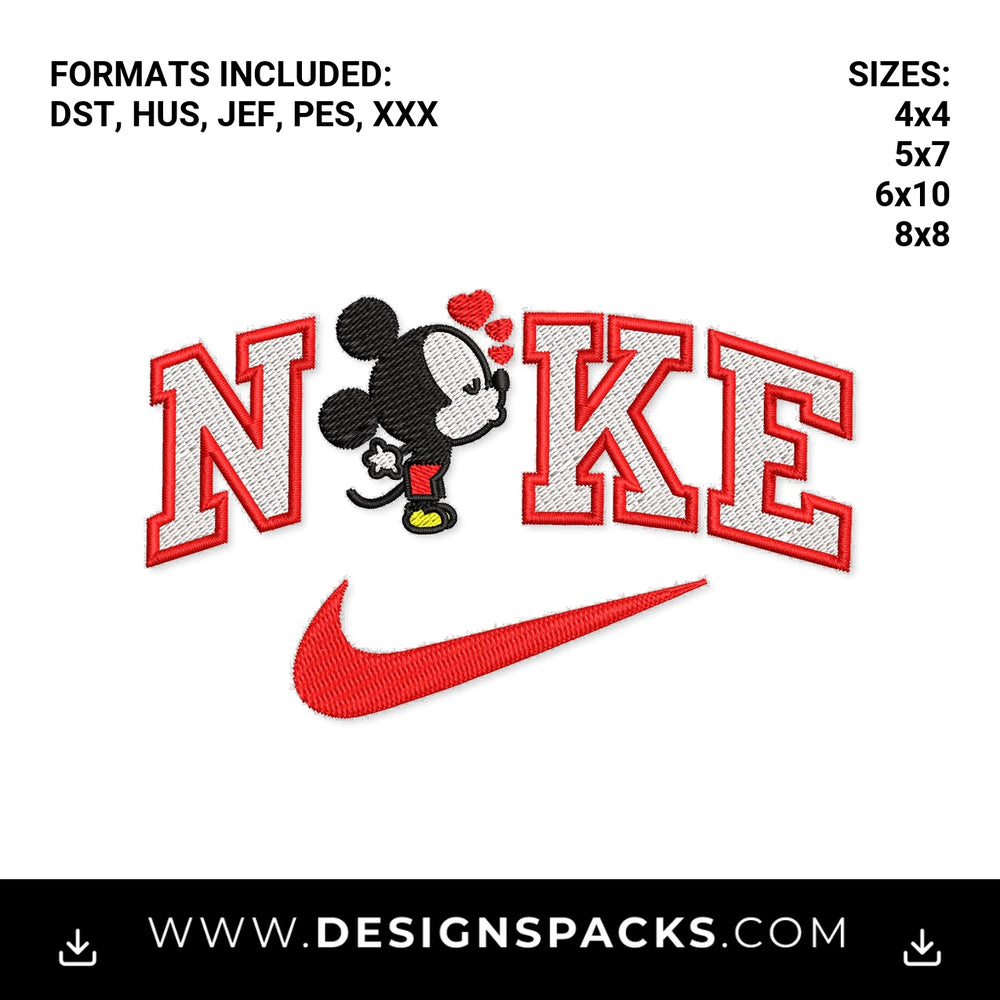 Mickey Mouse Kissing Nike Swoosh Logo Embroidery Design - Instant digital download pattern at Designspacks.com