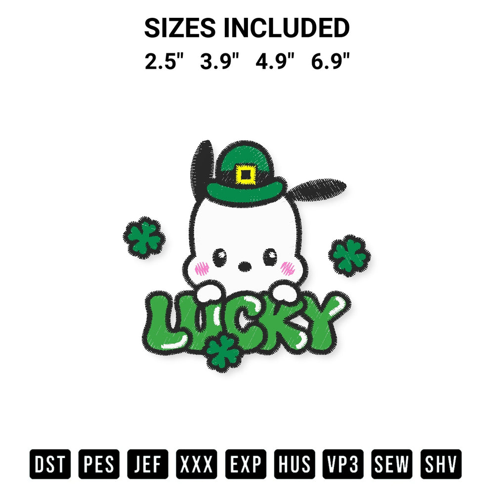 Download the Lucky Pochacco St Patricks Day Embroidery Design machine embroidery design exclusively at Designspacks.com. Premium digitized pattern for apparel and DIY crafts. Available sizes: 2.5", 3.9", 4.9", 6.9".