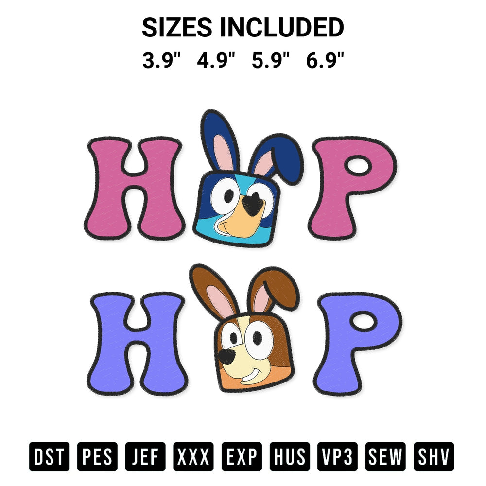 Transform your fabrics with the Hop Hop Bluey And Bingo Bunny Embroidery Design embroidery design. Instant access to premium digitized patterns at Designspacks.com. Available sizes: 3.9", 4.9", 5.9", 6.9".