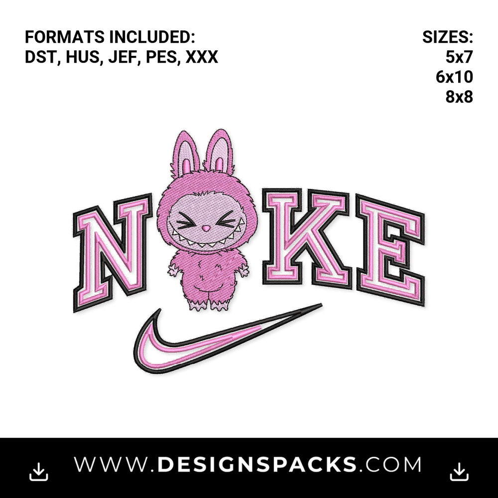 Pink Labubu Nike Swoosh Embroidery Design - Instant digital download pattern at Designspacks.com