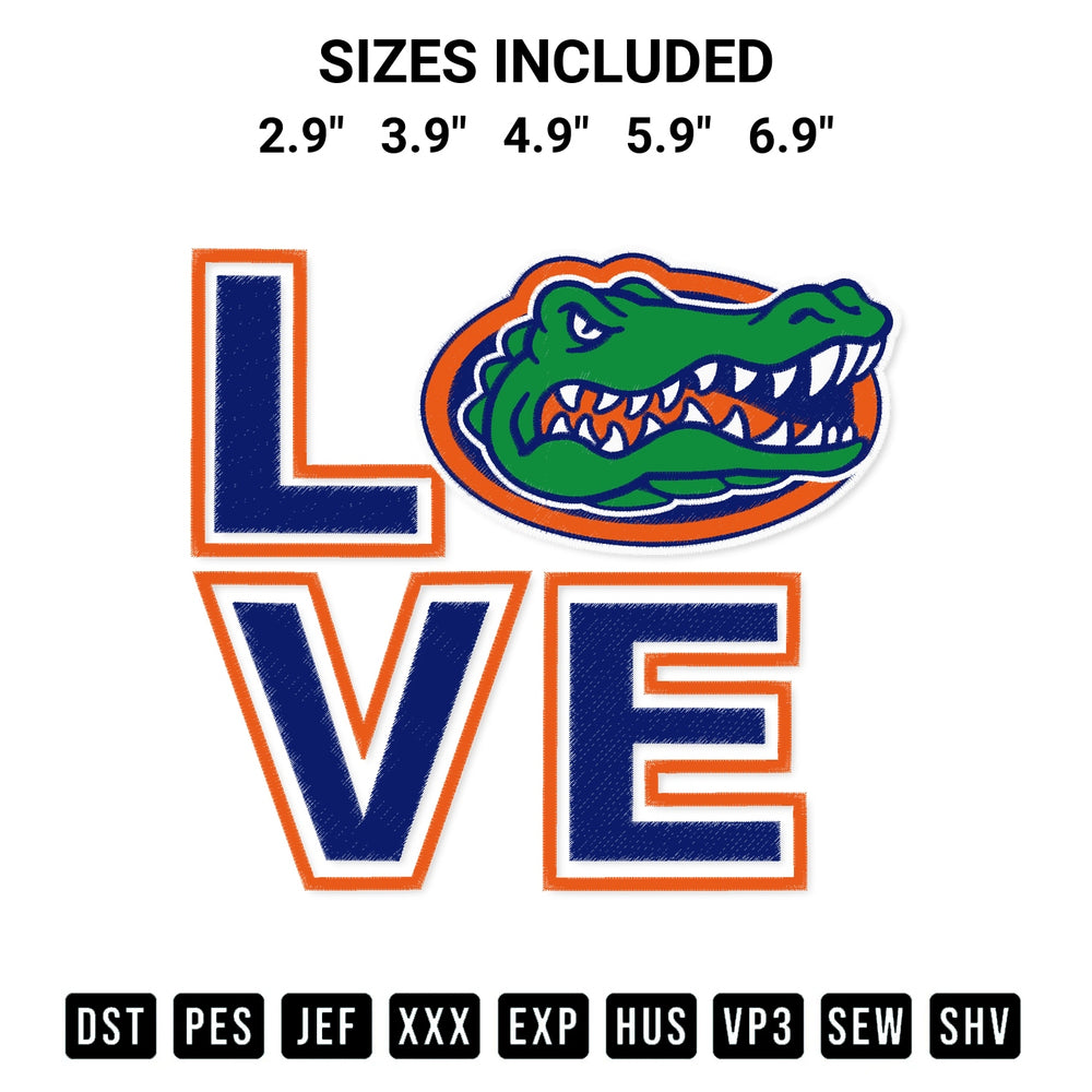 Discover the perfect addition to your crafting collection: Love Florida Gators Embroidery Design embroidery file. Instantly available at Designspacks.com. Available sizes: 2.9", 3.9", 4.9", 5.9", 6.9".