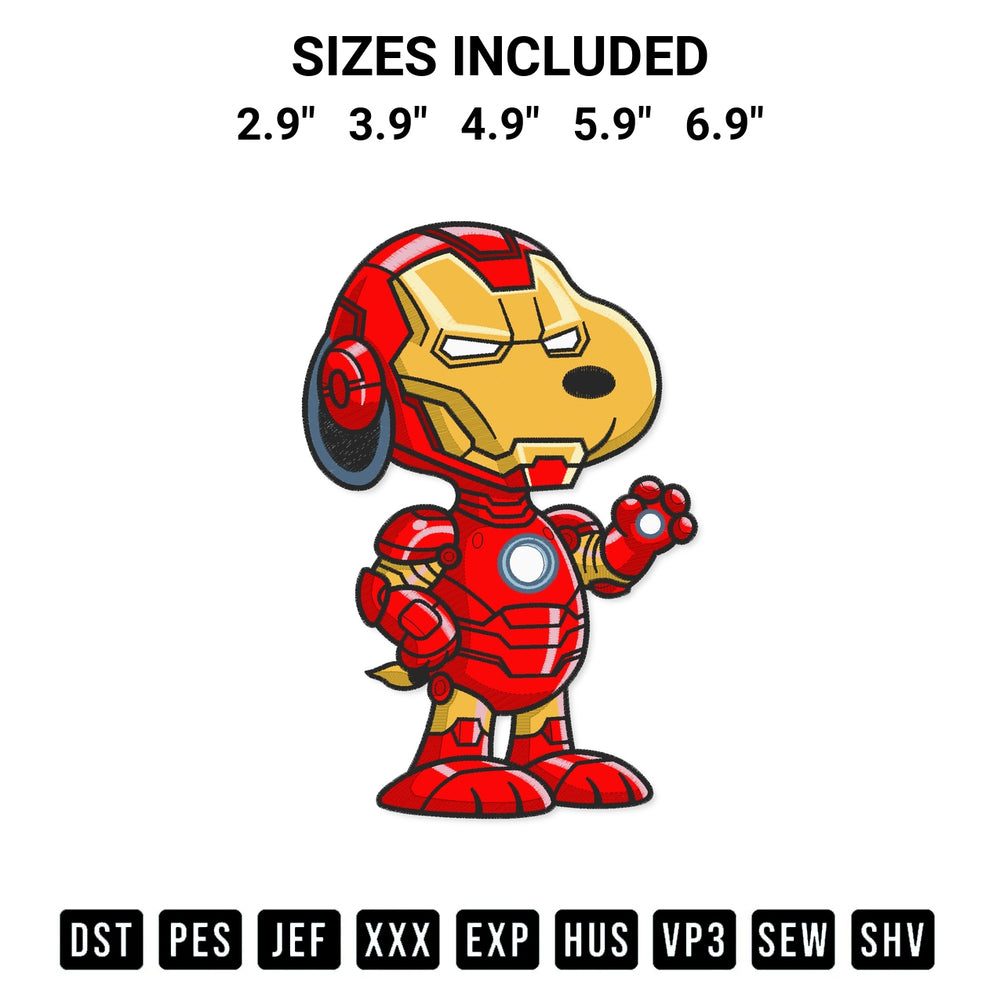 Add a unique touch to your apparel with the Snoopy As Iron Man Embroidery Design embroidery file. Premium instant download available now on Designspacks.com. Available sizes: 2.9", 3.9", 4.9", 5.9", 6.9".