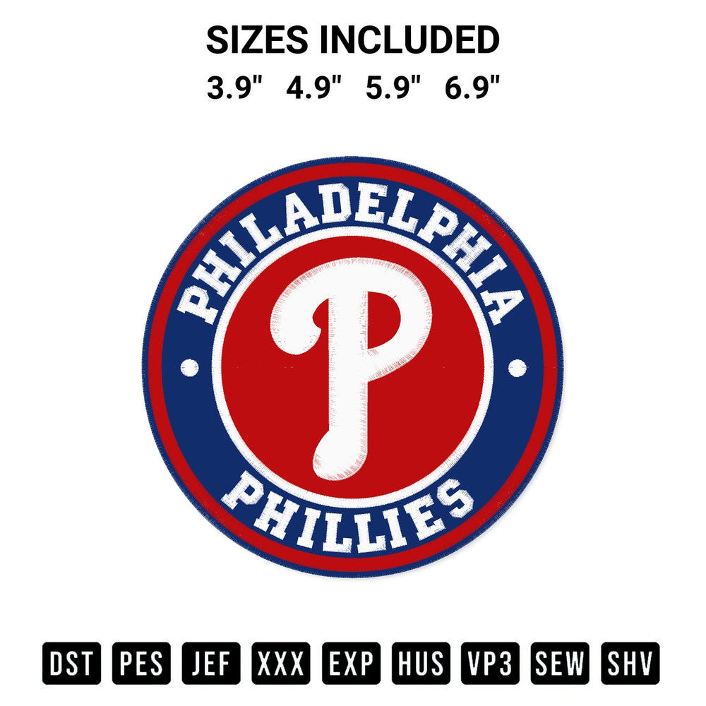 Stitch like a pro with the Mlb Philadelphia Phillies Logo Embroidery Design embroidery pattern from Designspacks.com. High-quality digital machine embroidery file. Available sizes: 3.9", 4.9", 5.9", 6.9".
