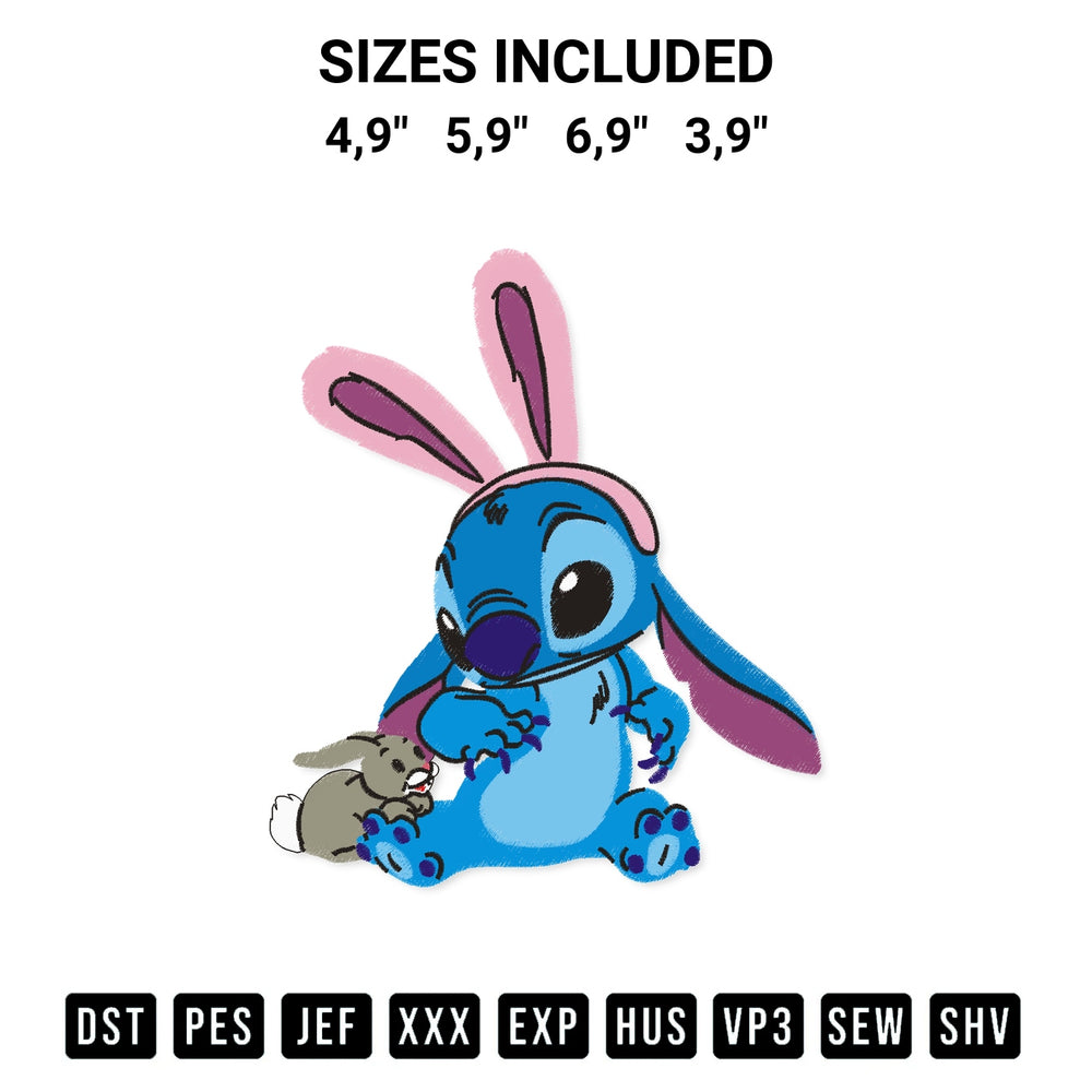 Discover the perfect addition to your crafting collection: Stitch Bunny Easter Logo Embroidery Design embroidery file. Instantly available at Designspacks.com. Available sizes: 4,9", 5,9", 6,9", 3,9".
