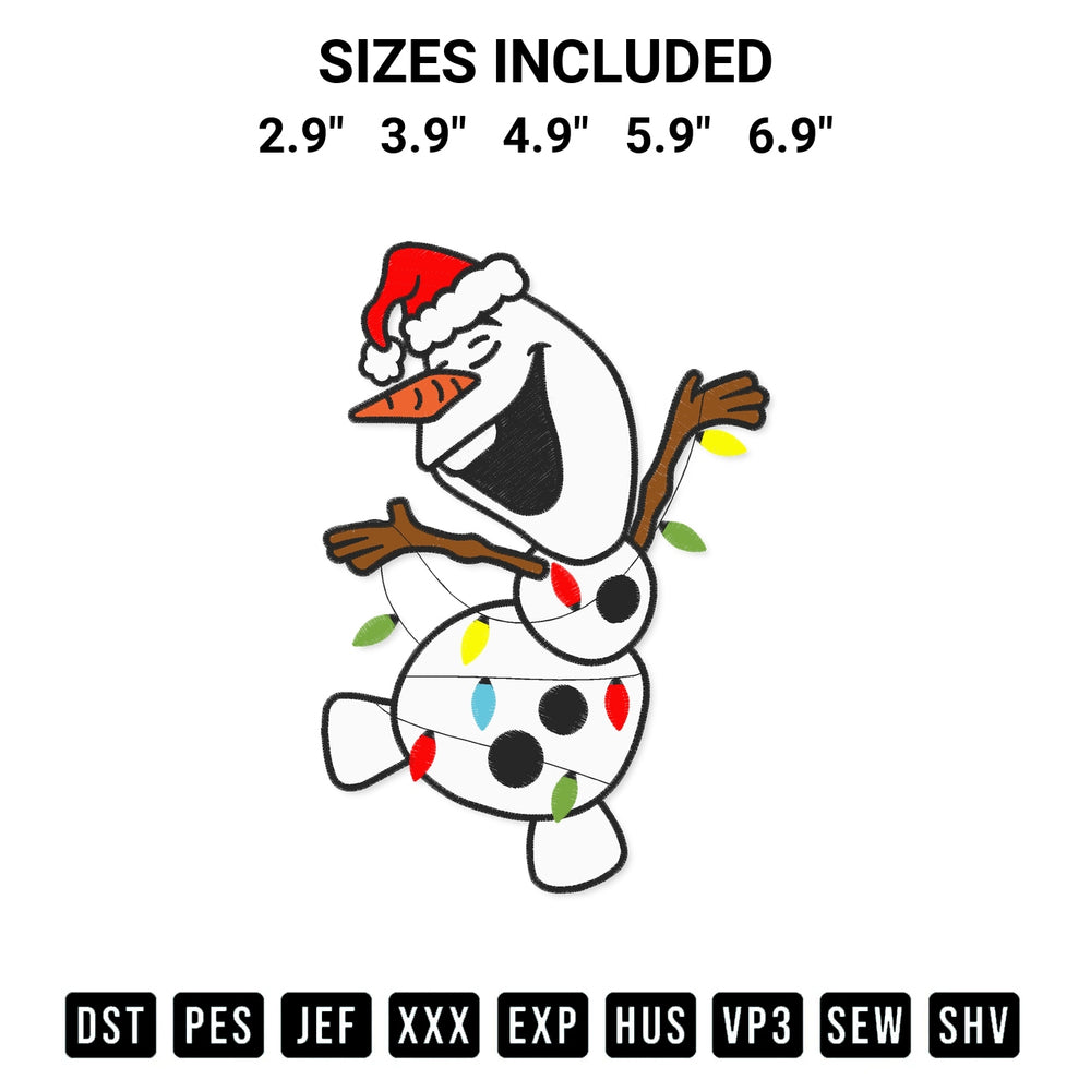 Transform your fabrics with the Olaf Frozen Lights Christmas Embroidery Design embroidery design. Instant access to premium digitized patterns at Designspacks.com. Available sizes: 2.9", 3.9", 4.9", 5.9", 6.9".