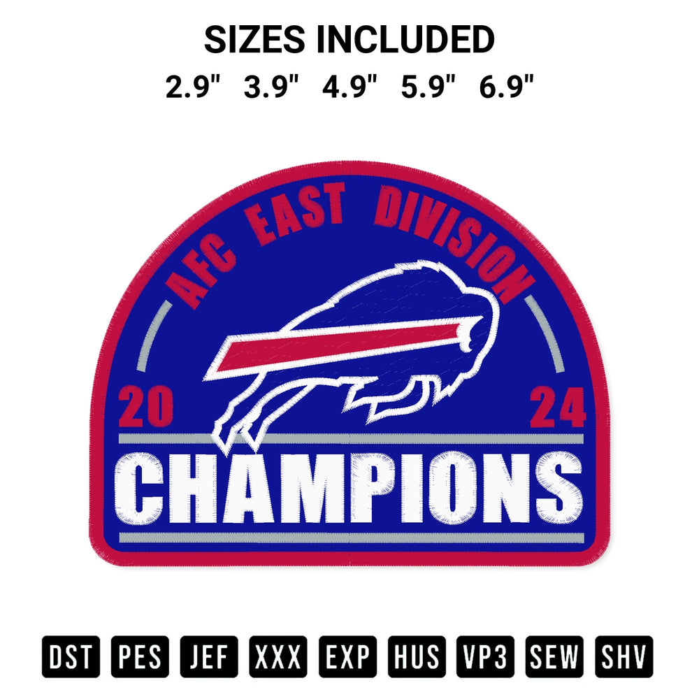 Elevate your next project with our Buffalo Bills 2024 Afc East Division Champions Embroidery Design embroidery file. Shop high-quality digital patterns instantly at Designspacks.com. Available sizes: 2.9", 3.9", 4.9", 5.9", 6.9".