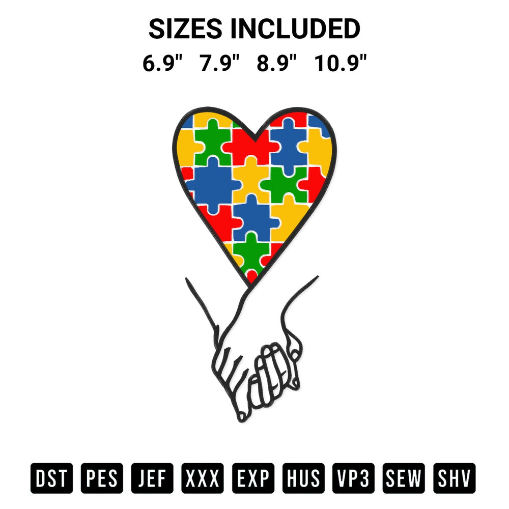 Discover the perfect addition to your crafting collection: Autism Heart Hands Embroidery Design embroidery file. Instantly available at Designspacks.com. Available sizes: 6.9", 7.9", 8.9", 10.9".