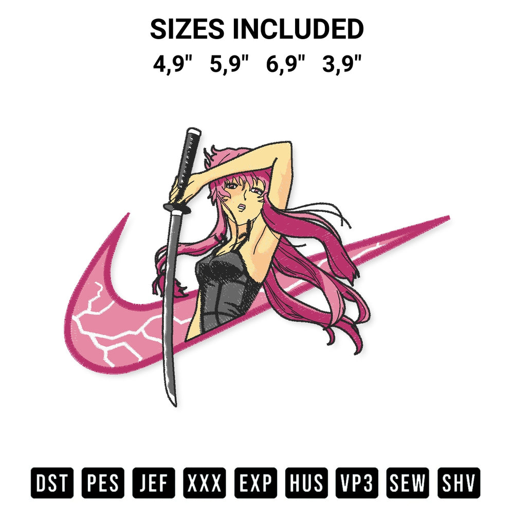 Transform your fabrics with the Nike Yuno Gasai Logo Embroidery Design embroidery design. Instant access to premium digitized patterns at Designspacks.com. Available sizes: 4,9", 5,9", 6,9", 3,9".