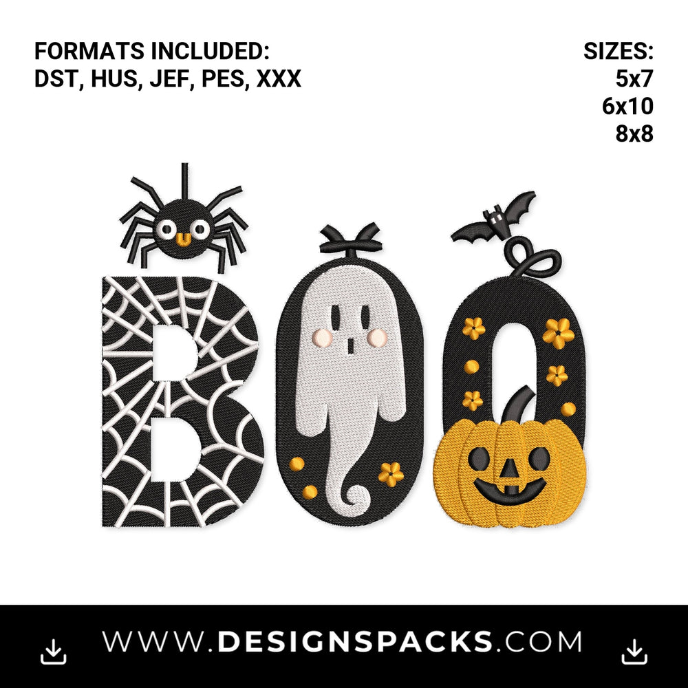 Cute Halloween BOO Ghost Spider Pumpkin Embroidery Design - Instant digital download pattern at Designspacks.com