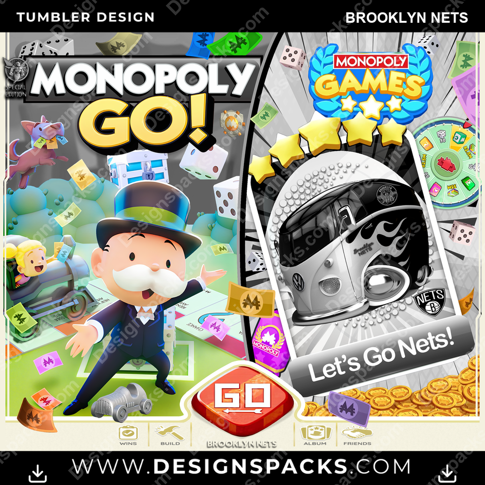 Basketball Monopoly Go! Brooklyn Nets Tumbler Digital Wrap Design