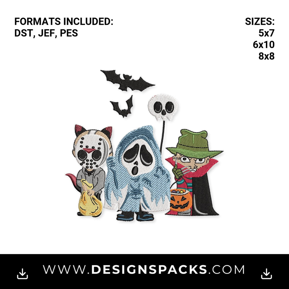 Cute Horror Villains Trick or Treat Embroidery Design - Instant digital download pattern at Designspacks.com
