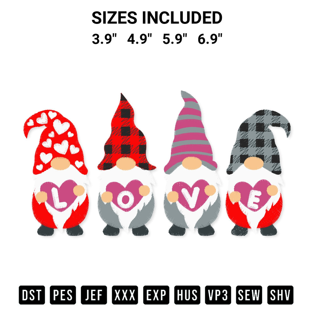 Download the Love Gnomes Hearts Embroidery Design machine embroidery design exclusively at Designspacks.com. Premium digitized pattern for apparel and DIY crafts. Available sizes: 3.9", 4.9", 5.9", 6.9".