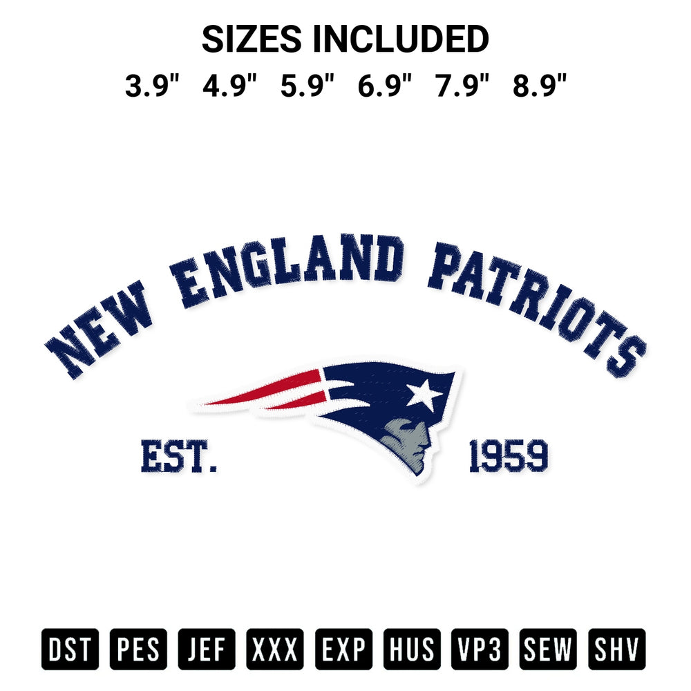 Create amazing crafts with the New England Patriots Est 1959 Embroidery Design embroidery file. High-quality digital download from Designspacks.com, perfect for beginners and pros. Available sizes: 3.9", 4.9", 5.9", 6.9", 7.9", 8.9".