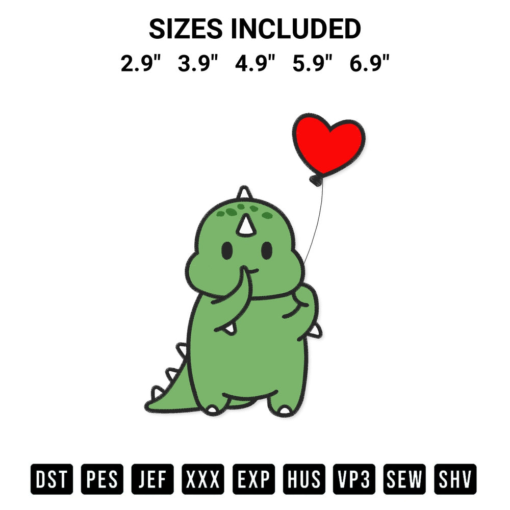 Transform your fabrics with the Dinosaur With Heart Balloon Embroidery Design embroidery design. Instant access to premium digitized patterns at Designspacks.com. Available sizes: 2.9", 3.9", 4.9", 5.9", 6.9".