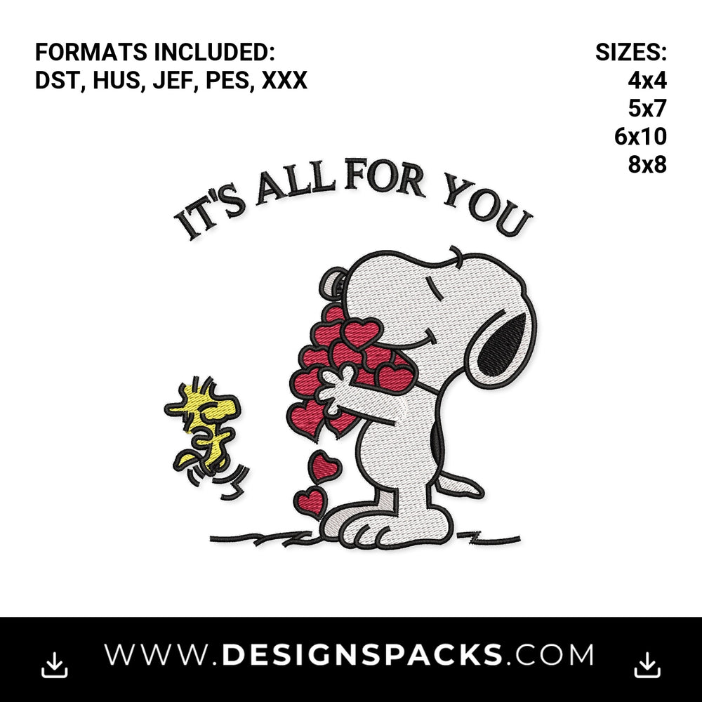 Snoopy Holding Hearts It's All For You Embroidery Design - Instant digital download pattern at Designspacks.com