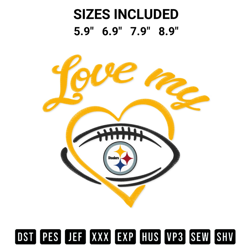Transform your fabrics with the Love My Pittsburgh Steelers Embroidery Design embroidery design. Instant access to premium digitized patterns at Designspacks.com. Available sizes: 5.9", 6.9", 7.9", 8.9".