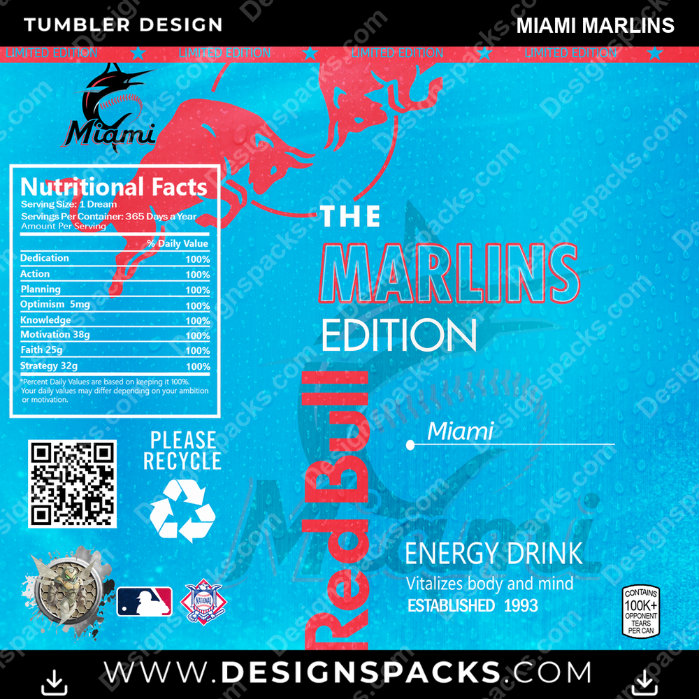 Baseball Red Bull Miami Marlins Tumbler Digital Wrap Design