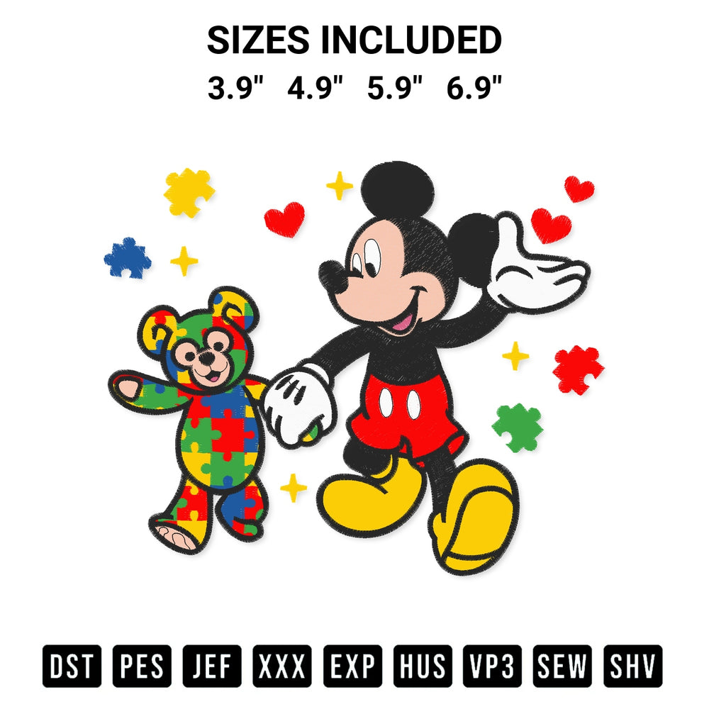 Elevate your next project with our Autism Mickey And Bear Friend Embroidery Design embroidery file. Shop high-quality digital patterns instantly at Designspacks.com. Available sizes: 3.9", 4.9", 5.9", 6.9".