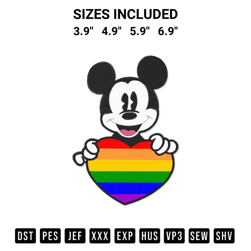 Discover the perfect addition to your crafting collection: Mickey Mouse Gay Pride Heart Embroidery Design embroidery file. Instantly available at Designspacks.com. Available sizes: 3.9", 4.9", 5.9", 6.9".