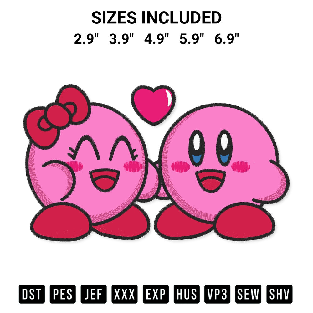 Add a unique touch to your apparel with the Kirby And Kirrle Valentine Embroidery Design embroidery file. Premium instant download available now on Designspacks.com. Available sizes: 2.9", 3.9", 4.9", 5.9", 6.9".