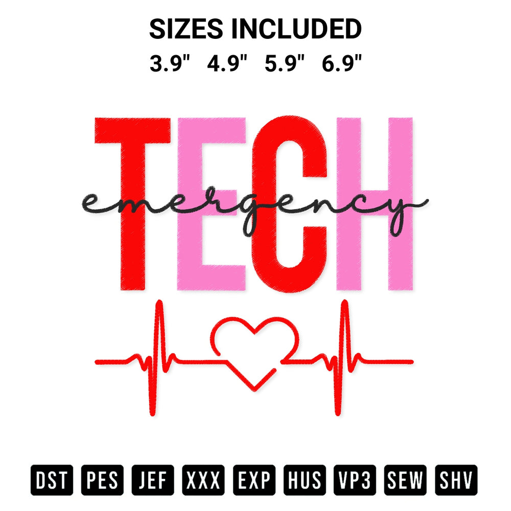 Create amazing crafts with the Tech Emergency Heartbeat Embroidery Design embroidery file. High-quality digital download from Designspacks.com, perfect for beginners and pros. Available sizes: 3.9", 4.9", 5.9", 6.9".