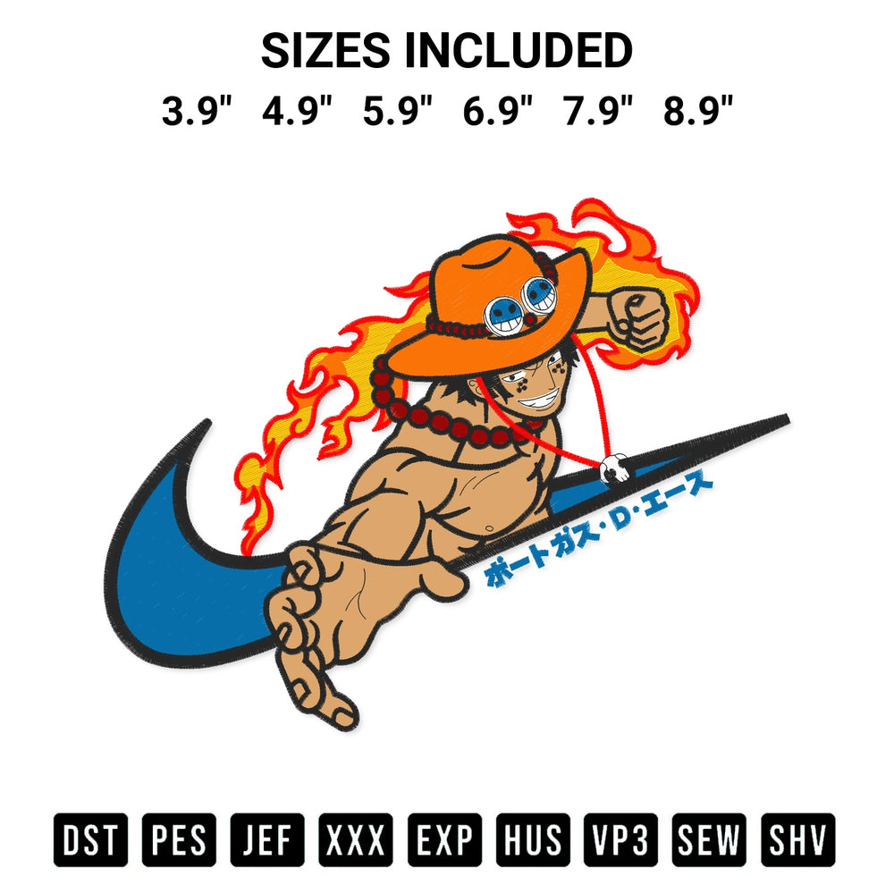 Transform your fabrics with the Swoosh Portgas D. Ace Embroidery Design embroidery design. Instant access to premium digitized patterns at Designspacks.com. Available sizes: 3.9", 4.9", 5.9", 6.9", 7.9", 8.9".