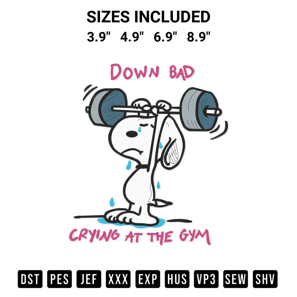 Shop the Snoopy Down Bad Crying At The Gym Embroidery Design machine embroidery pattern at Designspacks.com. Beautifully digitized for flawless stitching on any fabric. Available sizes: 3.9", 4.9", 6.9", 8.9".