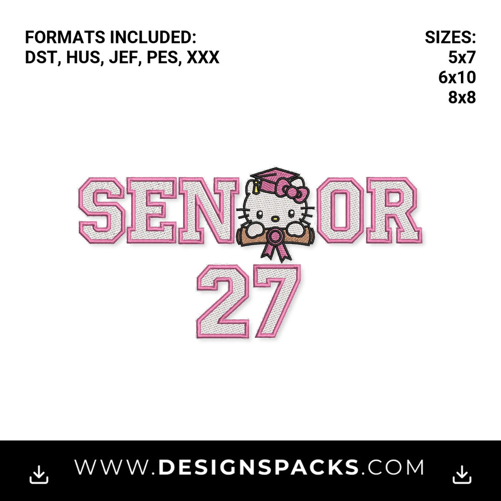 Pink Kitty Senior 27 Graduation File Embroidery Design - Instant digital download pattern at Designspacks.com