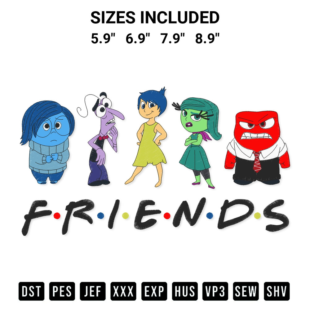 Add a unique touch to your apparel with the Friends Inside Out 2 Embroidery Design embroidery file. Premium instant download available now on Designspacks.com. Available sizes: 5.9", 6.9", 7.9", 8.9".