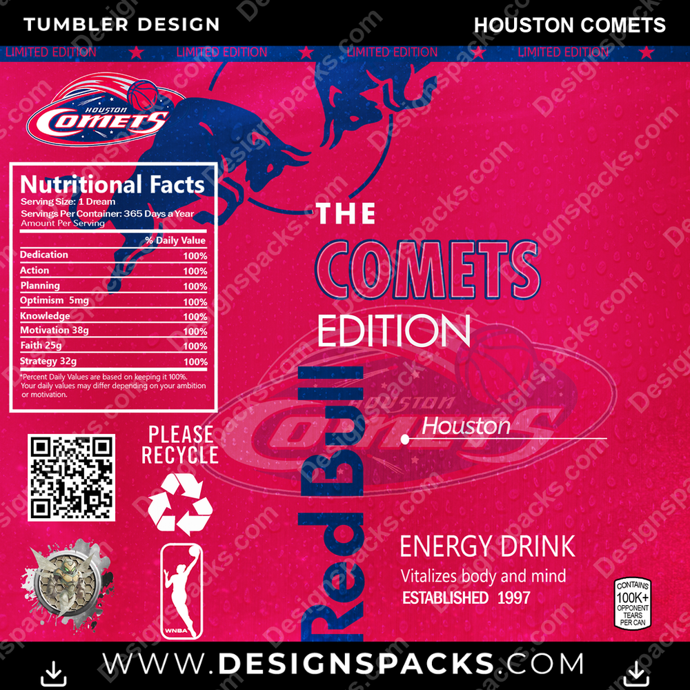 Basketball Red Bull Houston Comets Tumbler Digital Wrap Design