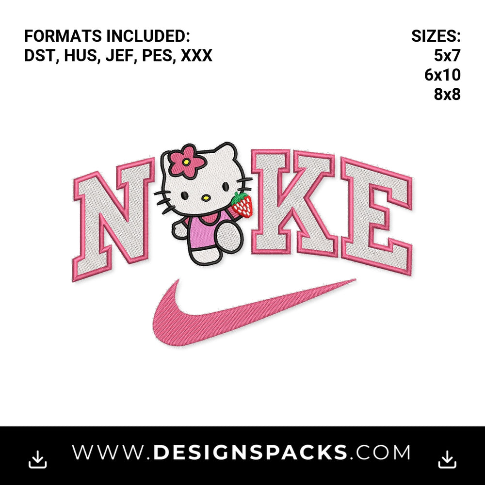 Hello Kitty Pink Nike Varsity Swoosh Embroidery Design - Instant digital download pattern at Designspacks.com