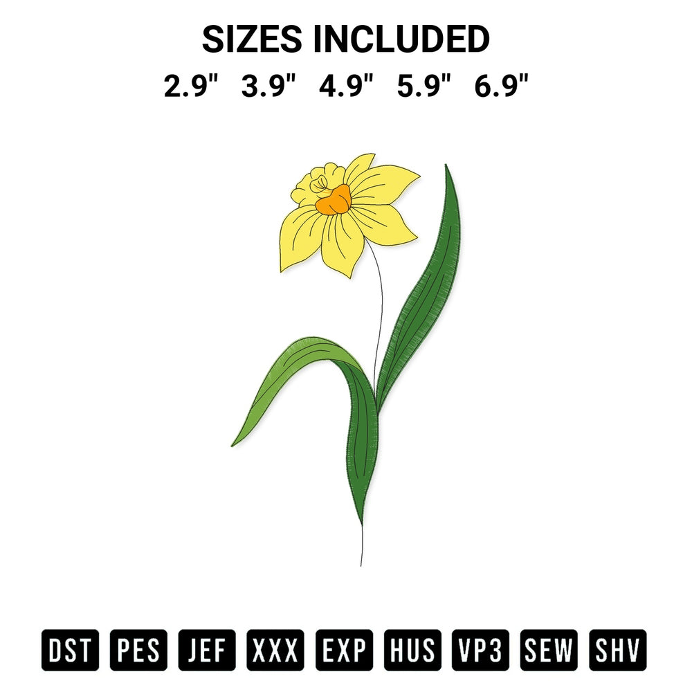 Create amazing crafts with the Daffodil Flower Embroidery Design embroidery file. High-quality digital download from Designspacks.com, perfect for beginners and pros. Available sizes: 2.9", 3.9", 4.9", 5.9", 6.9".
